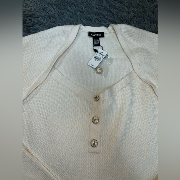 Square Neck Balloon Sleeve Novelty Button Mini Sweater Dress - Picture 8 of 14